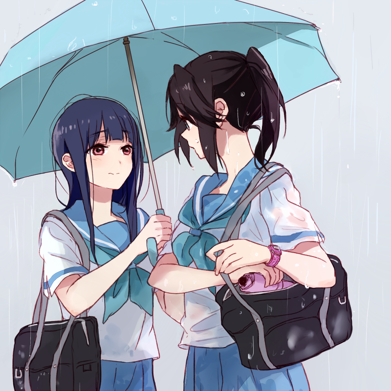 2girls bag bangs black_hair blue_eyes blue_hair blue_neckwear blue_sailor_collar blue_skirt blue_umbrella blush brown_eyes closed_mouth eyebrows_visible_through_hair from_side grey_background hair_between_eyes hibike!_euphonium holding holding_umbrella kasaki_nozomi kitauji_high_school_uniform liz_to_aoi_tori long_hair looking_at_another multiple_girls neckerchief neckwear ponytail rain sailor_collar school_bag school_uniform serafuku shirt short_sleeves sidelocks simple_background skirt standing umbrella watch watch white_shirt yoroizuka_mizore yuuyu_(777)