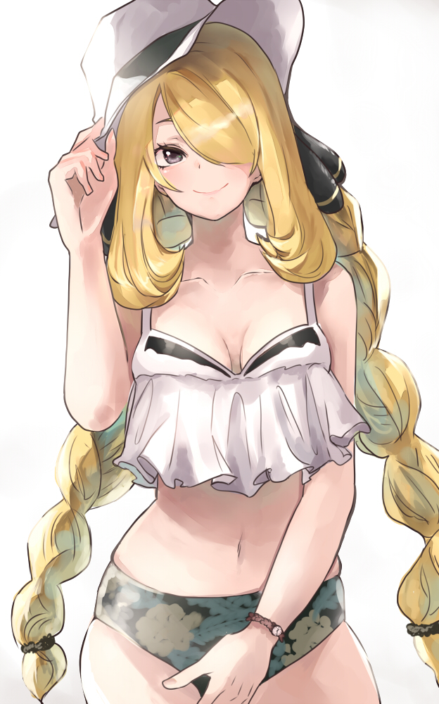 1girl bangs bare_arms bare_shoulders black_eyes blonde_hair braid breasts camouflage camouflage_shorts collarbone cowboy_shot crop_top e-co hair_over_one_eye hand_up hat long_hair looking_at_viewer low_twintails medium_breasts micro_shorts midriff navel pokemon pokemon_(game) pokemon_dppt shirona_(pokemon) shirt shorts simple_background skindentation sleeveless sleeveless_shirt smile solo stomach sun_hat thighs twin_braids twintails very_long_hair watch watch white_background white_headwear white_shirt