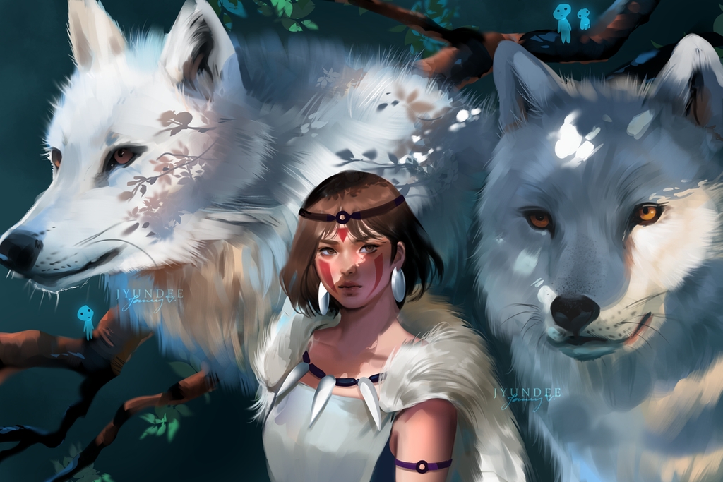 1girl animal brown_eyes brown_hair earrings english_commentary facepaint facial_mark fur headband jewelry jyundee looking_at_viewer mononoke_hime necklace san short_hair tooth_necklace wolf