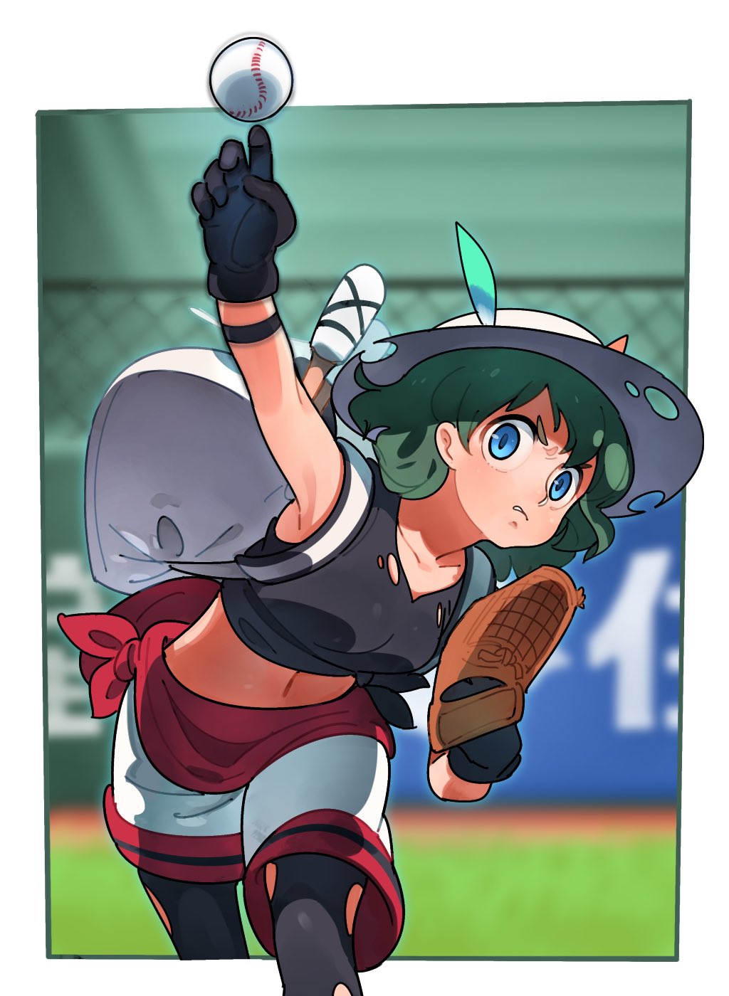 1girl backpack bag baseball baseball_mitt black_gloves black_hair black_legwear blue_eyes gloves grass hair_between_eyes hat hat_feather helmet highres kaban_(kemono_friends) kazue1000 kemono_friends midriff pantyhose pitcher's_mound pith_helmet red_shirt shirt short_hair shorts torn_clothes torn_legwear wavy_hair