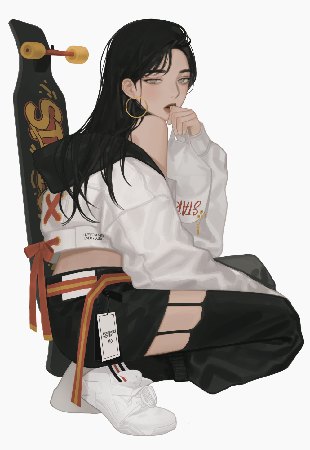 1girl black_hair black_pants cropped_jacket earrings eriol_s2 grey_eyes highres hoop_earrings jacket jewelry lipstick long_hair looking_at_viewer makeup original pants shoes simple_background skateboard sneakers solo squatting white_footwear white_jacket