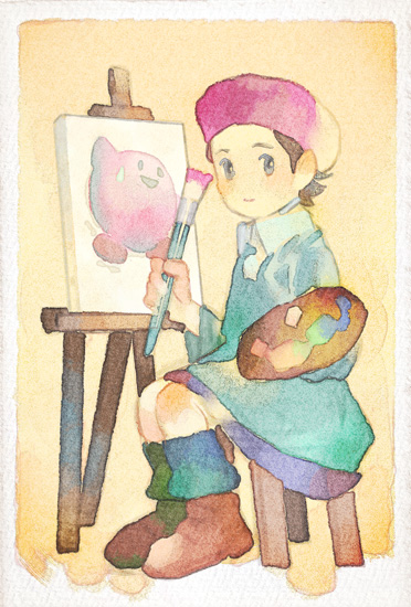 adeleine blue_eyes brown_hair easel kirby kirby_(series) looking_at_viewer paint paintbrush palette red_headwear sarmatamra smile smock traditional_media watercolor_(medium)