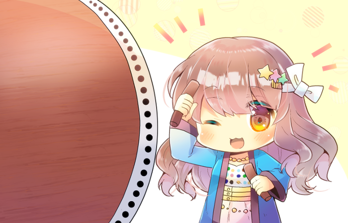 1girl ;3 ;d bangs beige_background blush bow brown_hair chibi commission dress eyebrows_visible_through_hair hair_bow hair_ornament holding idolmaster idolmaster_cinderella_girls instrument kouu_hiyoyo long_hair long_sleeves looking_at_viewer moroboshi_kirari notice_lines one_eye_closed open_clothes open_mouth smile solo star star_hair_ornament taiko_drum two-tone_background upper_body white_background white_bow white_dress wide_sleeves