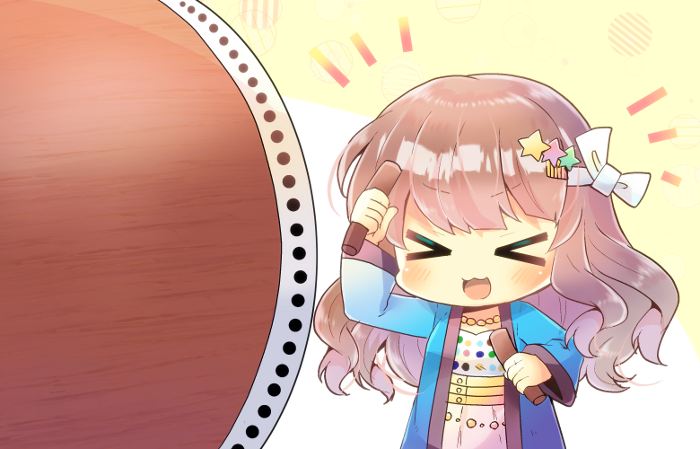 &gt;_&lt; 1girl :3 :d bangs beige_background blush bow brown_hair chibi closed_eyes commentary_request commission dress eyebrows_visible_through_hair facing_viewer hair_bow hair_ornament holding idolmaster idolmaster_cinderella_girls instrument kouu_hiyoyo long_hair long_sleeves moroboshi_kirari notice_lines open_clothes open_mouth smile solo star star_hair_ornament taiko_drum two-tone_background upper_body v-shaped_eyebrows white_background white_bow white_dress wide_sleeves xd