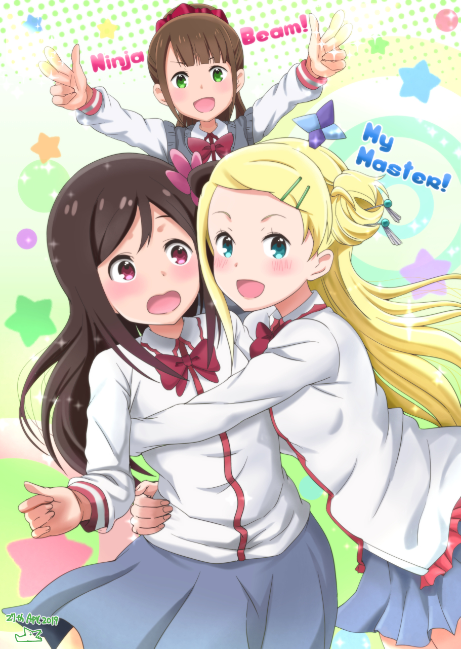 3girls blonde_hair blush bow brown_hair collared_shirt commentary dated dated_commentary dress_shirt english_text green_eyes hair_ornament hairclip highres hitori_bocchi hitoribocchi_no_marumaru_seikatsu honshou_aru hug long_hair looking_at_viewer multiple_girls open_mouth pleated_skirt polka_dot polka_dot_background red_bow red_eyes samenoido school_uniform shirt skirt sotoka_rakita star starry_background white_shirt