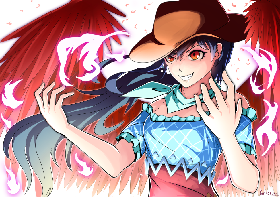 1girl arms_up artist_name bandana bird_wings black_hair blue_neckwear brown_headwear commentary_request cowboy_hat dress evil_grin evil_smile eyebrows_visible_through_hair feathered_wings feathers fire floating_hair gesugao grin hat kurokoma_saki layered_dress long_hair looking_to_the_side pegasus_wings puffy_short_sleeves puffy_sleeves raglan_sleeves red_eyes short_sleeves simple_background smile solo standing strapless strapless_dress teeth torinosuke touhou upper_body very_long_hair white_background white_fire wings