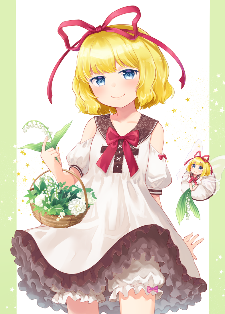 1girl bangs basket blonde_hair bloomers blue_eyes bow bowtie closed_mouth collarbone commentary_request cowboy_shot detached_sleeves doll dress eyebrows_visible_through_hair flower hair_ribbon holding holding_flower lily_of_the_valley looking_at_viewer medicine_melancholy mito_tsubaki petticoat pillarboxed puffy_short_sleeves puffy_sleeves red_bow red_neckwear red_ribbon ribbon short_hair short_sleeves smile su-san touhou underwear white_dress white_flower wings