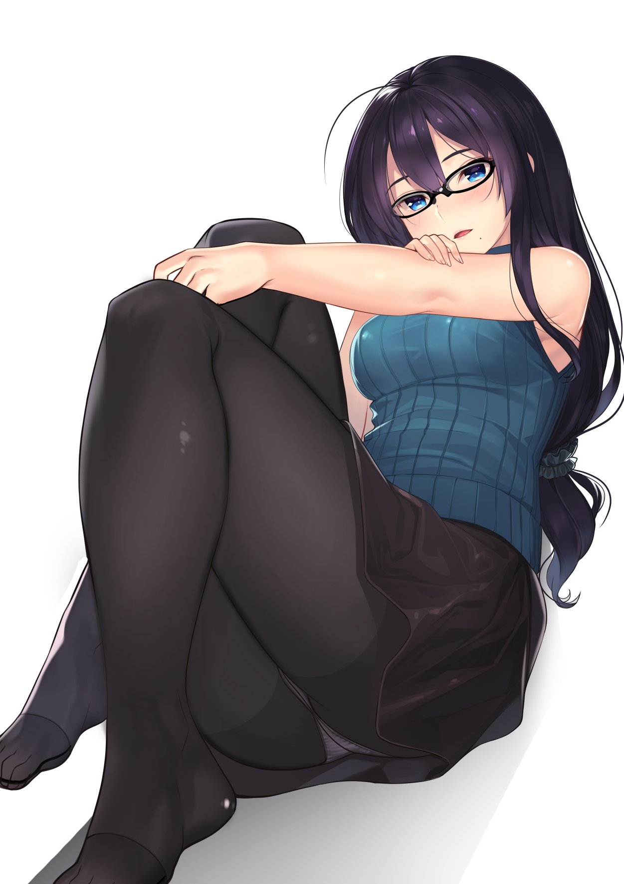 1girl ahoge bangs bare_arms bare_shoulders black-framed_eyewear black_legwear black_scrunchie black_skirt blue_eyes blue_sweater blush crotch_seam error foreshortening full_body glasses gloves hair_ornament hair_scrunchie hand_on_own_arm highres kagematsuri knees_up leaning_back long_hair looking_at_viewer low-tied_long_hair mole mole_under_mouth no_shoes original panties panties_under_pantyhose pantyhose pantyshot purple_hair ribbed_sweater scrunchie sitting skirt sleeveless sleeveless_turtleneck smile solo sweater thighs turtleneck underwear white_gloves