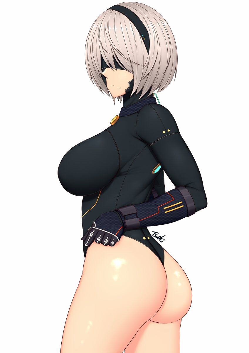 1girl adjusting_clothes ass black_blindfold black_bodysuit black_gloves black_leotard blindfold bodysuit breasts closed_mouth gloves highres large_breasts leotard mole mole_under_mouth nier_(series) nier_automata ryu_seung thighs white_hair yorha_no._2_type_b