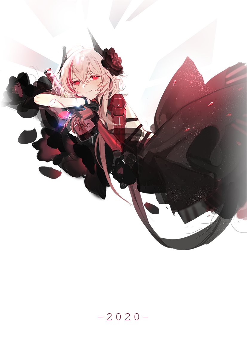 1girl alternate_costume artist_request black_dress black_gloves bottle closed_mouth cup dress flower girls_frontline glass gloves hair_between_eyes hair_flower hair_ornament headgear holding holding_bottle holding_cup long_hair looking_at_viewer m4_sopmod_ii_(girls_frontline) pink_hair prosthesis prosthetic_arm red_eyes simple_background smile solo white_background