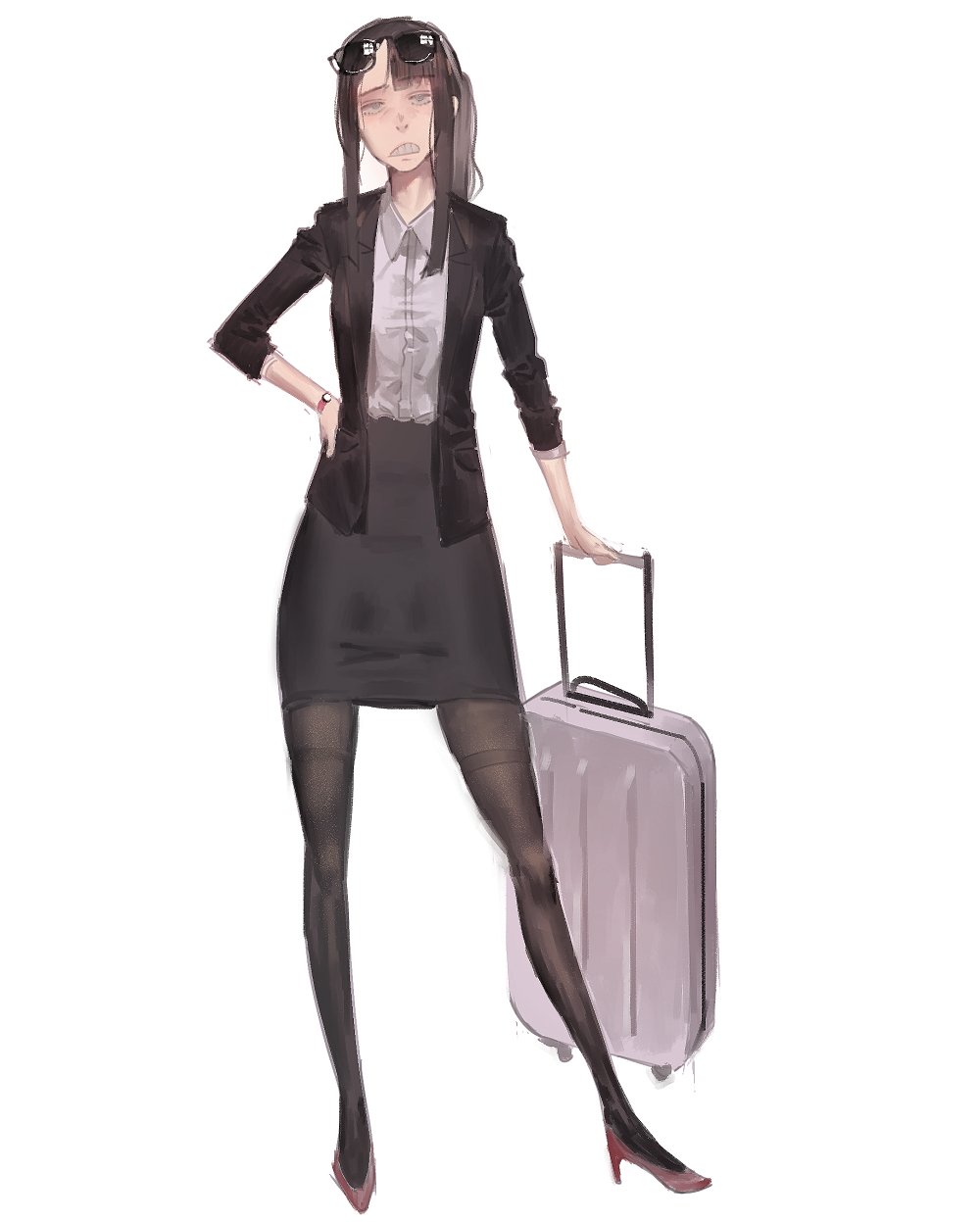 1girl black_jacket black_skirt brown_hair brown_legwear collared_shirt commentary contrapposto d: eizouken_ni_wa_te_wo_dasu_na! english_commentary eyebrows_visible_through_hair eyewear_on_head formal full_body godekasu grey_eyes grey_shirt hand_on_hip high_heels highres jacket kanamori_sayaka looking_at_viewer miniskirt open_clothes open_jacket open_mouth pantyhose pencil_skirt ponytail red_footwear rolling_suitcase sanpaku shirt sidelocks simple_background skirt skirt_suit solo suit sunglasses thighband_pantyhose watch watch white_background wing_collar