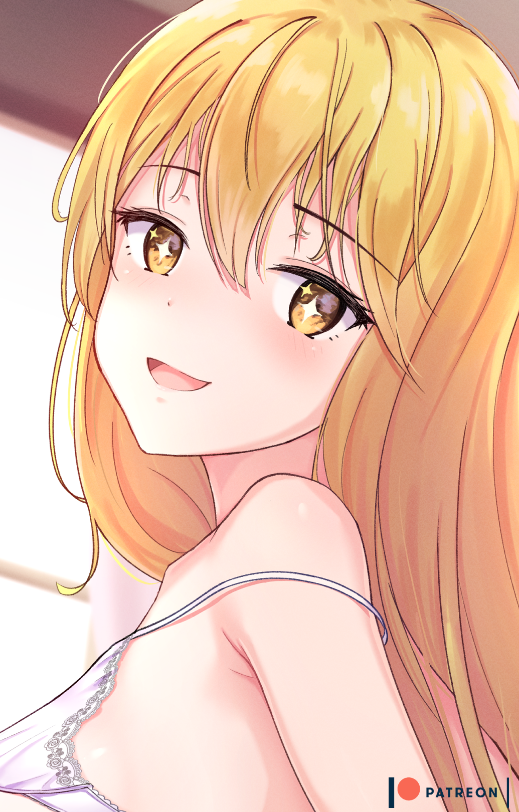 +_+ 1girl bare_shoulders blonde_hair blush bra breasts collarbone commentary eyebrows_visible_through_hair gloves hair_between_eyes highres large_breasts long_hair looking_at_viewer marinesnow patreon_logo shokuhou_misaki smile solo symbol-shaped_pupils to_aru_kagaku_no_railgun to_aru_majutsu_no_index underwear white_bra white_gloves yellow_eyes