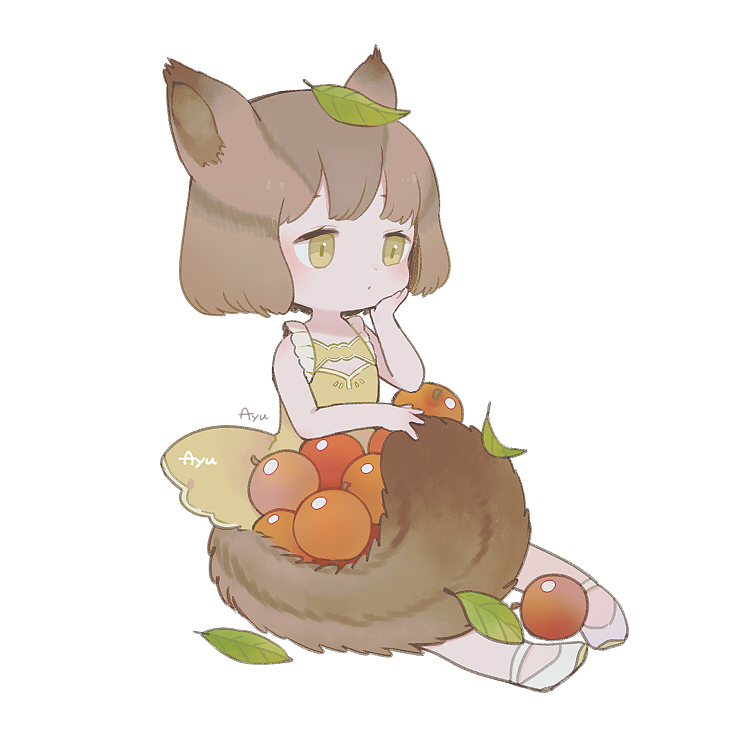 1girl animal_ears ayu_(mog) bare_arms bare_shoulders berry blush bored brown_hair closed_mouth dress english_commentary green_eyes leaf leaf_on_head mixed-language_commentary original shoes short_hair signature sitting sleeveless sleeveless_dress solo squirrel_ears squirrel_tail tail white_background white_footwear yellow_dress yellow_eyes