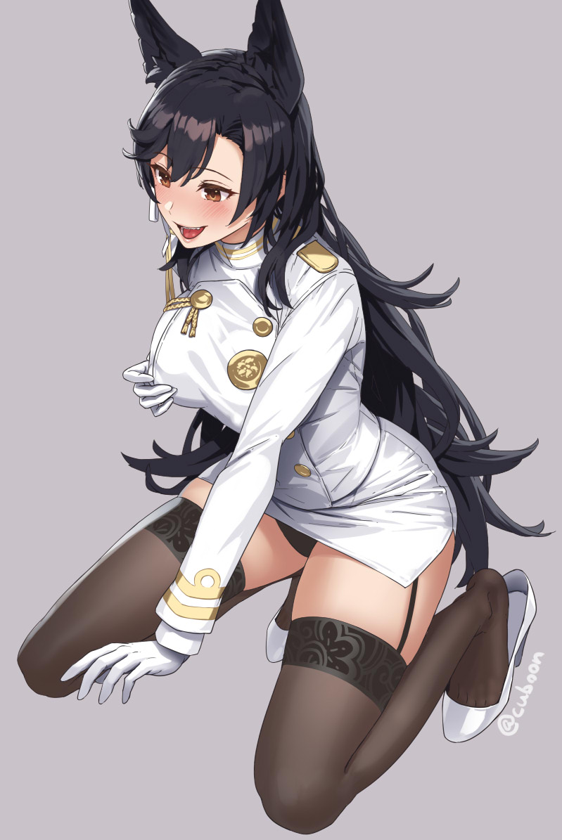 1girl aiguillette animal_ears arm_support artist_name atago_(azur_lane) azur_lane bangs black_hair black_legwear black_panties blush breasts brown_eyes commentary_request cuboon extra_ears full_body garter_straps gloves grey_background hand_on_own_chest high_heels kneeling lips long_hair long_sleeves medium_breasts military military_uniform miniskirt mole mole_under_eye open_mouth panties shiny shiny_hair signature simple_background skirt smile solo thigh-highs underwear uniform white_footwear white_gloves white_skirt