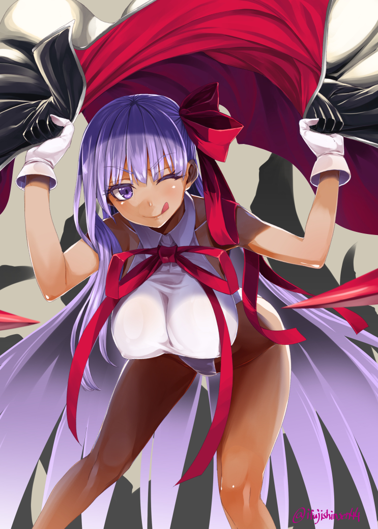 1girl bangs bare_shoulders bb_(fate)_(all) bb_(swimsuit_mooncancer)_(fate) black_coat blush breasts closed_mouth coat coat_removed dark_skin fate/grand_order fate_(series) gloves hair_ribbon highleg highleg_leotard ifuji_shinsen large_breasts leotard licking_lips long_hair looking_at_viewer neck_ribbon one_eye_closed purple_hair red_ribbon ribbon smile tan thighs tongue tongue_out very_long_hair violet_eyes white_gloves white_leotard
