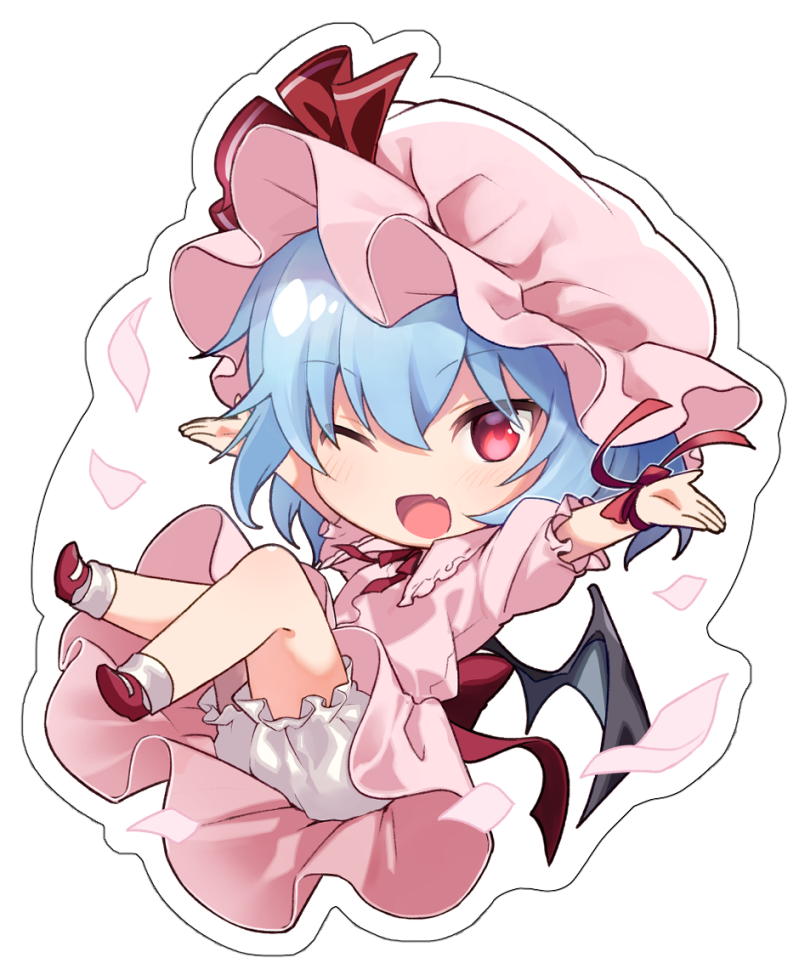 1girl ;d bat_wings bloomers blue_hair blush chibi commentary_request fang full_body hat looking_at_viewer mob_cap one_eye_closed open_mouth outstretched_arms pink_headwear red_eyes red_neckwear red_ribbon remilia_scarlet ribbon short_hair smile solo touhou underwear wings yuki_(popopo)