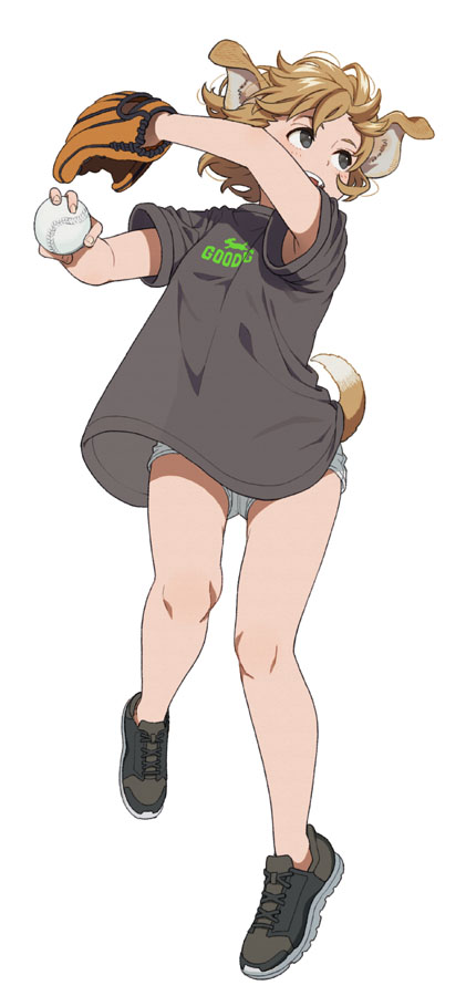 1girl animal_ears bare_legs baseball baseball_mitt black_eyes blonde_hair dog_ears dog_tail fang full_body mattaku_mousuke original shirt short_hair short_shorts shorts solo t-shirt tail white_background