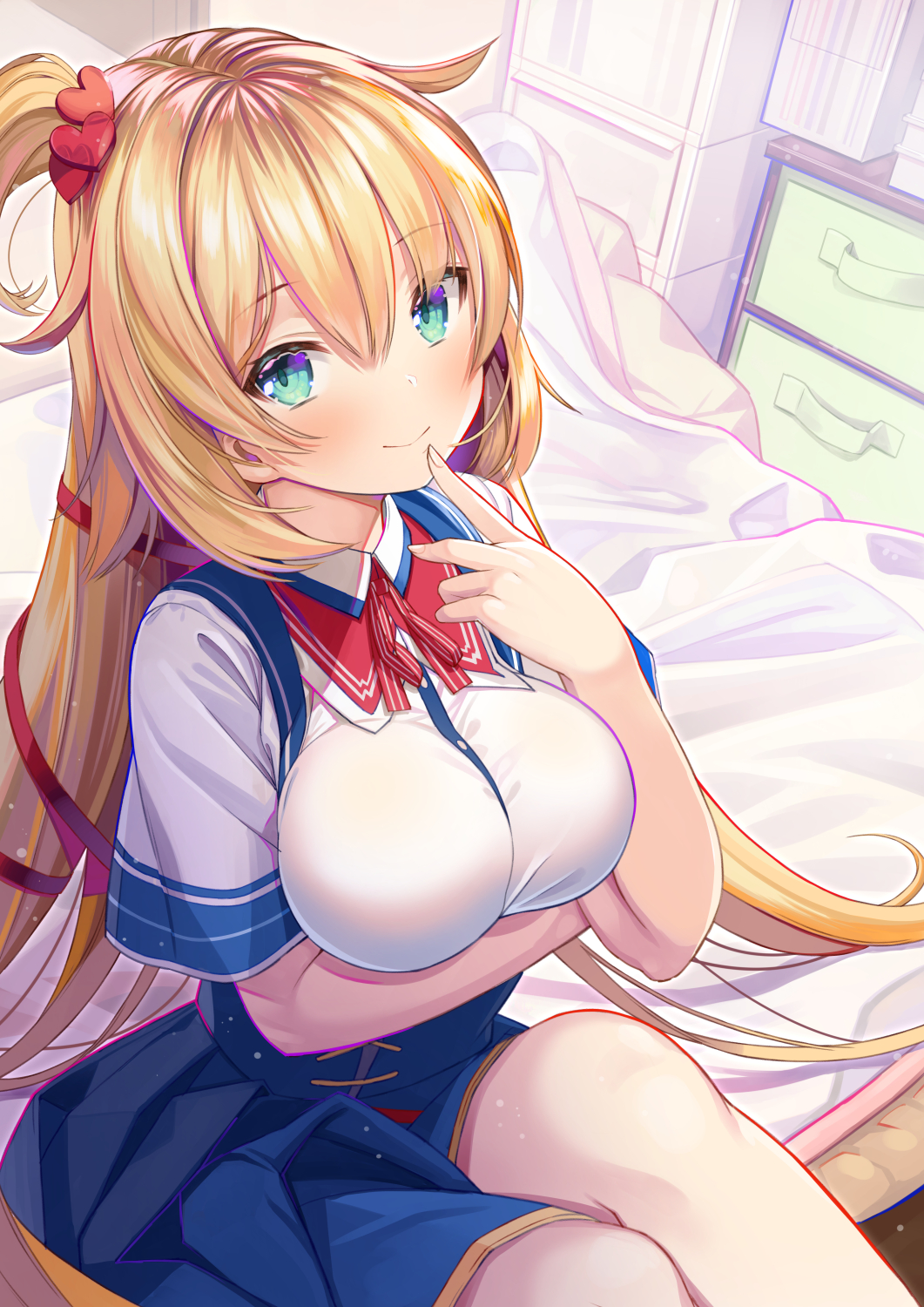1girl akai_haato atori bed blonde_hair blue_skirt breast_hold breasts finger_to_mouth green_eyes hair_ornament hair_ribbon hand_up high-waist_skirt highres hololive indoors large_breasts long_hair looking_at_viewer miniskirt neck_ribbon one_side_up ribbon shirt short_sleeves sitting skirt smile solo taut_clothes taut_shirt very_long_hair virtual_youtuber