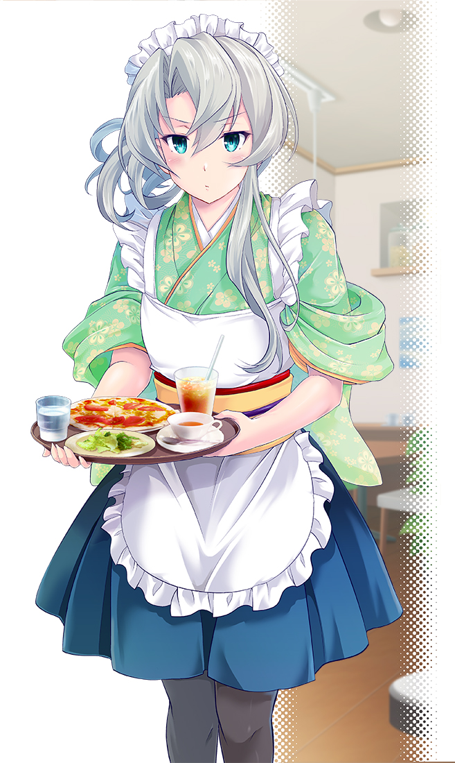 1girl apron asymmetrical_hair bangs black_legwear blue_hakama commentary_request cup feet_out_of_frame flipped_hair food frilled_apron frills glass green_eyes green_kimono hakama hakama_skirt japanese_clothes kantai_collection kimono leaning_forward looking_to_the_side maid_headdress map_(blue_catty) nowaki_(kantai_collection) pantyhose silver_hair solo standing swept_bangs teacup tray wa_maid waitress white_apron