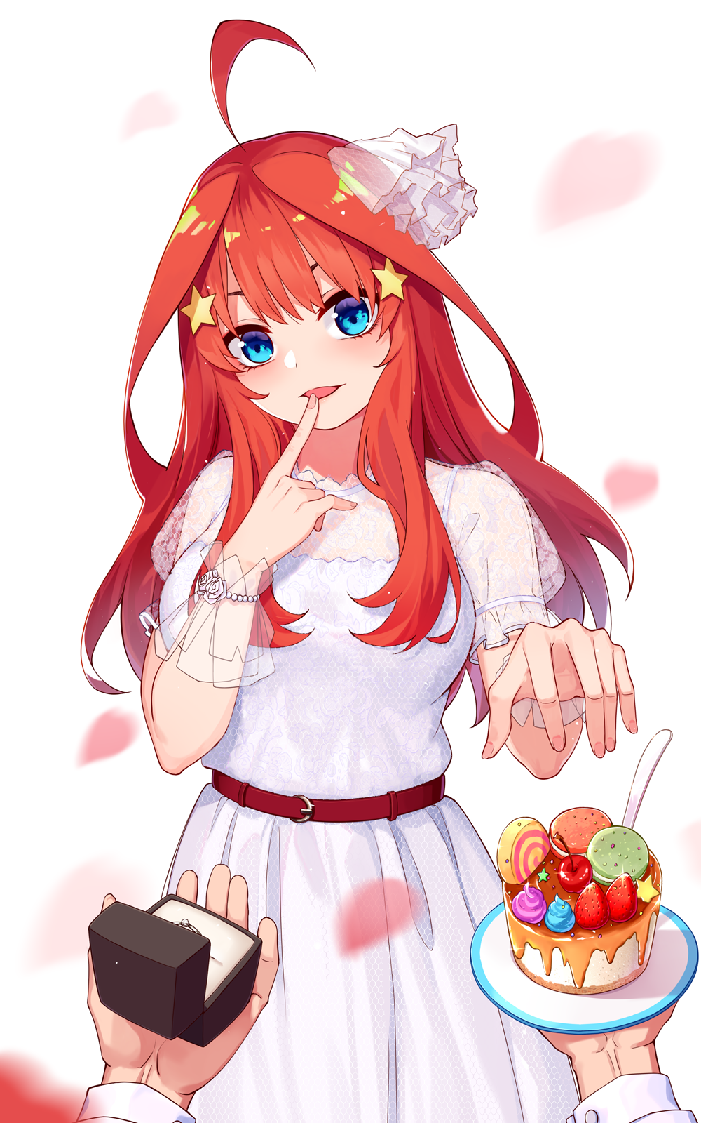 1boy 1girl ahoge bangs belt belt_buckle blue_eyes blush breasts buckle cherry cowboy_shot dress finger_to_mouth food fruit go-toubun_no_hanayome hair_ornament head_tilt highres holding holding_plate jewelry long_hair looking_at_viewer macaron nakano_itsuki outstretched_hand petals plate pov redhead ring ring_box see-through short_sleeves sidelocks simple_background small_breasts solo_focus spoon star star_hair_ornament strawberry wedding_band wedding_dress white_background white_dress wrist_cuffs wujia_xiaozi