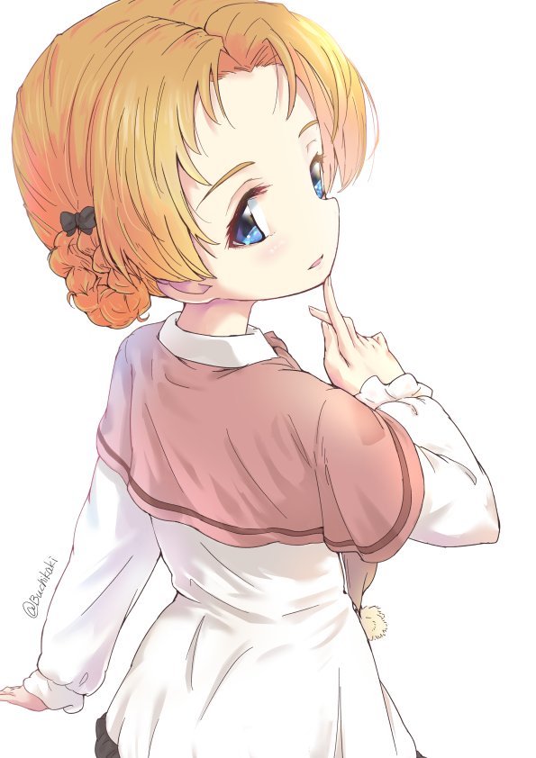 1girl bangs black_bow blouse blue_eyes bow braid buchikaki casual collared_blouse commentary from_behind girls_und_panzer hair_bow long_sleeves looking_at_viewer looking_back orange_hair orange_pekoe_(girls_und_panzer) parted_bangs parted_lips pink_shawl shawl short_hair simple_background smile solo standing tied_hair twitter_username white_background white_blouse