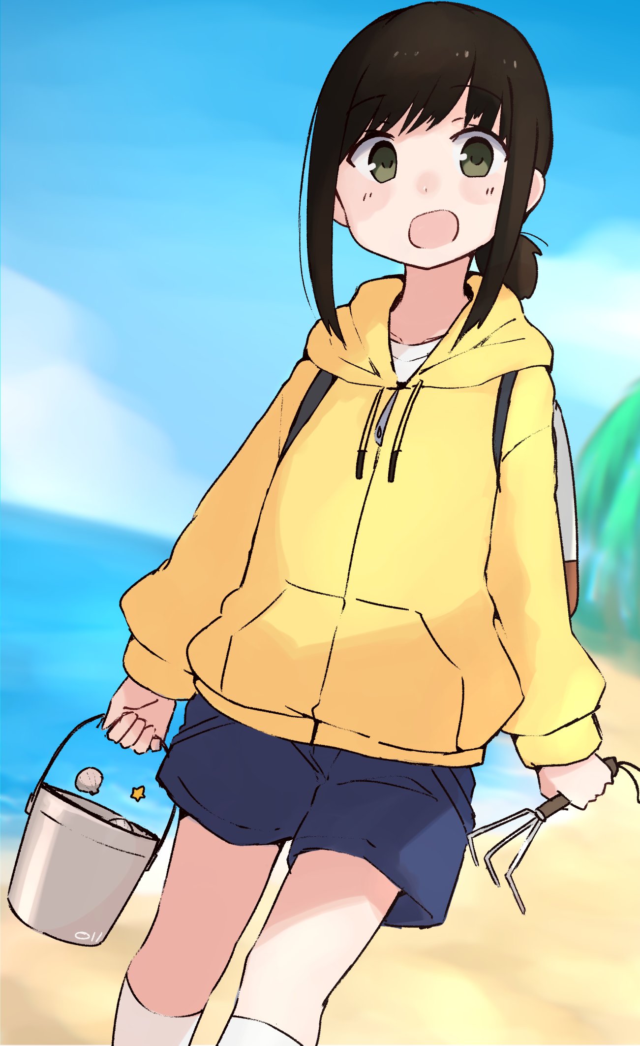 1girl alternate_costume beach black_hair blue_shorts blue_sky blush bucket clam_digging day eyebrows_visible_through_hair feet_out_of_frame fubuki_(kantai_collection) green_eyes highres holding holding_bucket hood hooded_jacket jacket kantai_collection kneehighs long_sleeves ma_rukan ocean open_mouth short_ponytail shorts signature sky smile solo white_legwear yellow_jacket