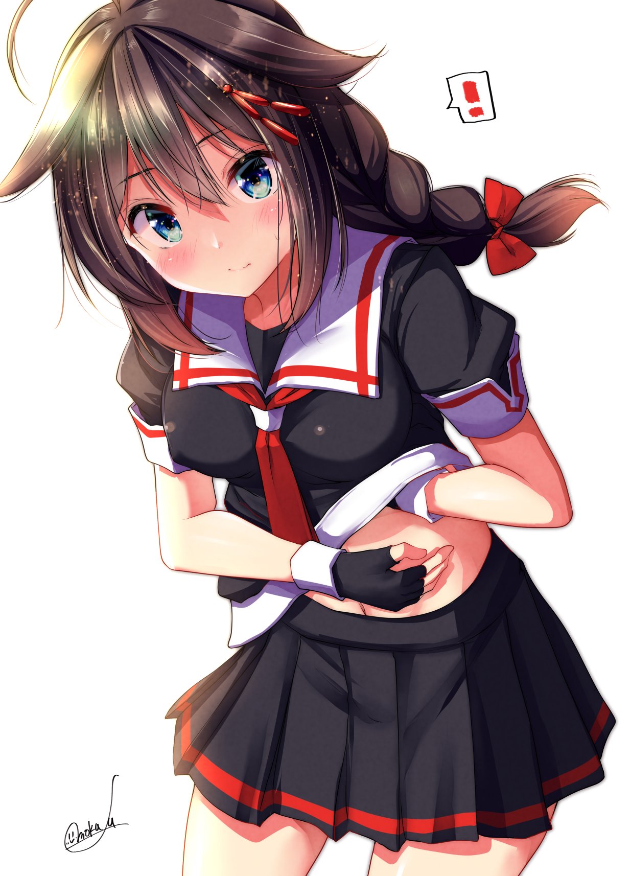 ! 1girl ahoge bangs black_gloves black_skirt blue_eyes blush braid breasts brown_hair covered_nipples fingerless_gloves gloves hair_between_eyes hair_flaps hair_ornament hair_ribbon highres kantai_collection large_breasts long_hair mokufuu navel pleated_skirt red_neckwear remodel_(kantai_collection) ribbon sailor_collar school_uniform serafuku shigure_(kantai_collection) signature simple_background single_braid skirt smile solo spoken_exclamation_mark white_background