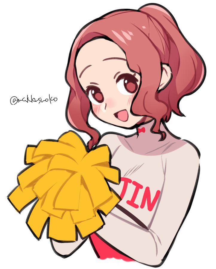 1girl alternate_costume alternate_hairstyle blush brown_eyes brown_hair cheerleader commentary do_m_kaeru long_sleeves okumura_haru persona persona_5 persona_5:_dancing_star_night pom_poms ponytail solo turtleneck twitter_username upper_body white_background