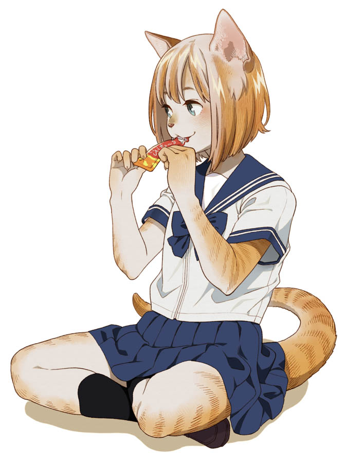 1girl animal_ears black_legwear blonde_hair blue_eyes cat_ears eating fur furry indian_style kneehighs loafers mattaku_mousuke original pleated_skirt school_uniform serafuku shoes short_hair sitting skirt solo tail white_background