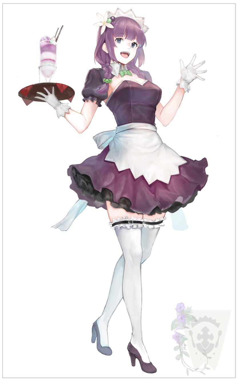 1girl :d apron bangs beads blue_eyes border bow bowtie braid breasts dress eyebrows_visible_through_hair flower gloves hair_flower hair_ornament hair_over_shoulder harutask highres holding holding_tray maid_headdress medium_breasts open_mouth original parfait short_sleeves simple_background smile solo standing tray twin_braids waving white_background white_gloves wing_collar