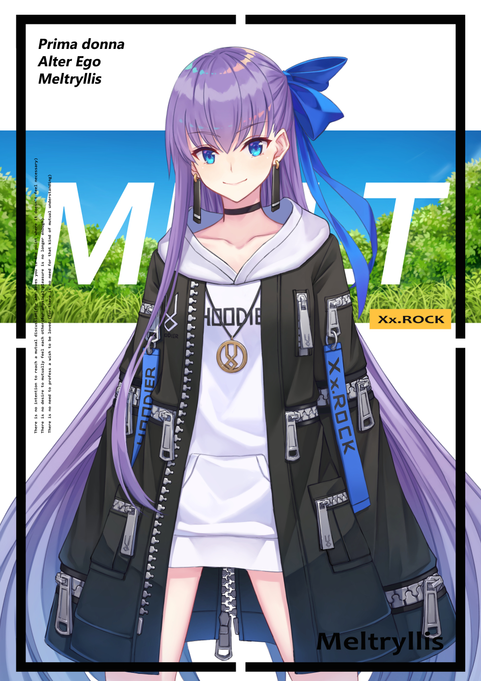 1girl alternate_costume arms_at_sides bangs black_border black_choker blue_bow blue_eyes blush border bow bush casual character_name choker closed_mouth clothes_writing collarbone cowboy_shot earrings eyebrows_visible_through_hair fate/grand_order fate_(series) hair_bow highres hood hood_down hoodie hoodier jewelry legs_apart long_hair long_sleeves looking_at_viewer meltryllis necklace purple_hair sleeves_past_fingers sleeves_past_wrists smile solo standing straight_hair unzipped very_long_hair white_hoodie zipper zipper_pull_tab