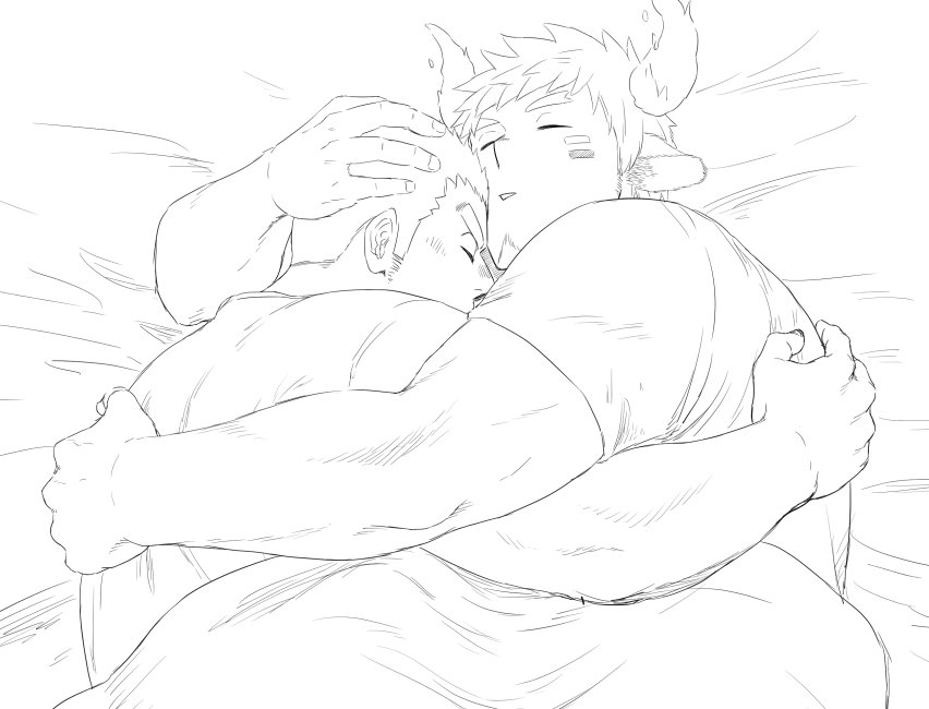 2boys animal_ears bangs bara beard bed bed_sheet blush closed_eyes couple cuddling facial_hair forked_eyebrows glowing_horns greyscale gunzo_(tokyo_houkago_summoners) hand_on_another's_back hand_on_another's_head horns hug lumentunes lying male_focus monochrome multiple_boys muscle native_american on_bed open_mouth shirt sideburns simple_background sketch sleeping thick_eyebrows tokyo_houkago_summoners upper_body wakan_tanka yaoi