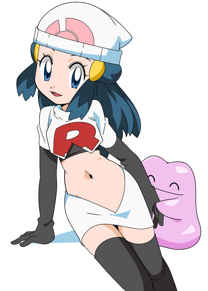 1girl alternate_costume black_legwear blue_eyes blue_hair breasts character_name cosplay ditto gen_1_pokemon hainchu hikari_(pokemon) long_hair midriff navel official_style open_mouth outline pokemon pokemon_(anime) pokemon_dppt_(anime) simple_background skirt small_breasts team_rocket_uniform