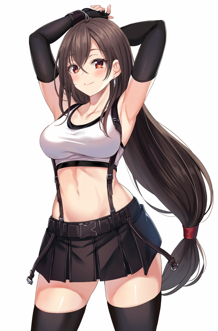 1girl armpits arms_up bare_shoulders black_gloves black_legwear black_skirt breasts brown_hair collarbone cowboy_shot crop_top earrings elbow_gloves final_fantasy final_fantasy_vii final_fantasy_vii_remake fingerless_gloves gloves harimoji jewelry large_breasts long_hair looking_at_viewer low-tied_long_hair midriff miniskirt navel pleated_skirt red_eyes shirt simple_background skirt sleeveless sleeveless_shirt smile solo stomach suspenders thigh-highs tifa_lockhart very_long_hair white_background white_shirt zettai_ryouiki