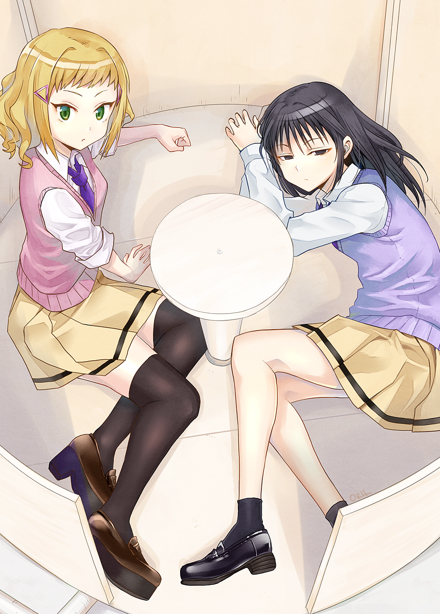 2girls arm_support black_eyes black_footwear black_hair black_legwear blonde_hair brown_footwear closed_mouth collared_shirt commentary_request empty_eyes green_eyes hair_ornament hairclip highres loafers long_hair long_sleeves looking_at_viewer lying medium_hair mima_sachi minami_koharu miniskirt multiple_girls necktie okiru on_side pink_sweater_vest pleated_skirt purple_necktie purple_sweater_vest school_uniform shirt shoes sitting skirt sleeves_rolled_up socks spinning_teacup sweater_vest thigh-highs watashi_ga_motenai_no_wa_dou_kangaetemo_omaera_ga_warui! wavy_hair white_shirt yellow_skirt