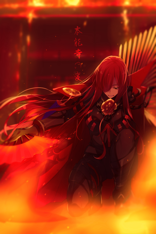 1girl armored_boots bangs black_bodysuit bodysuit boots bracer breasts cape chain cis05 collared_cape family_crest fan fate/grand_order fate_(series) fire folding_fan hair_over_one_eye kneeling koha-ace large_breasts long_hair oda_nobunaga_(fate)_(all) oda_nobunaga_(maou_avenger)_(fate) oda_uri open_mouth popped_collar red_cape red_eyes redhead smile translation_request