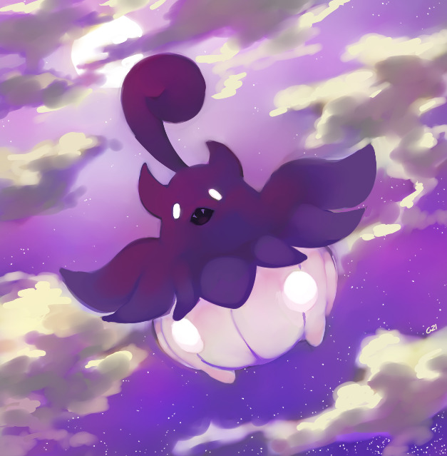 clouds cloudy_sky commentary creature english_commentary fangs full_body full_moon gen_6_pokemon looking_at_viewer moon night night_sky no_humans open_mouth pinkgermy pokemon pokemon_(creature) pumpkaboo purple_theme sky solo star_(sky) starry_sky