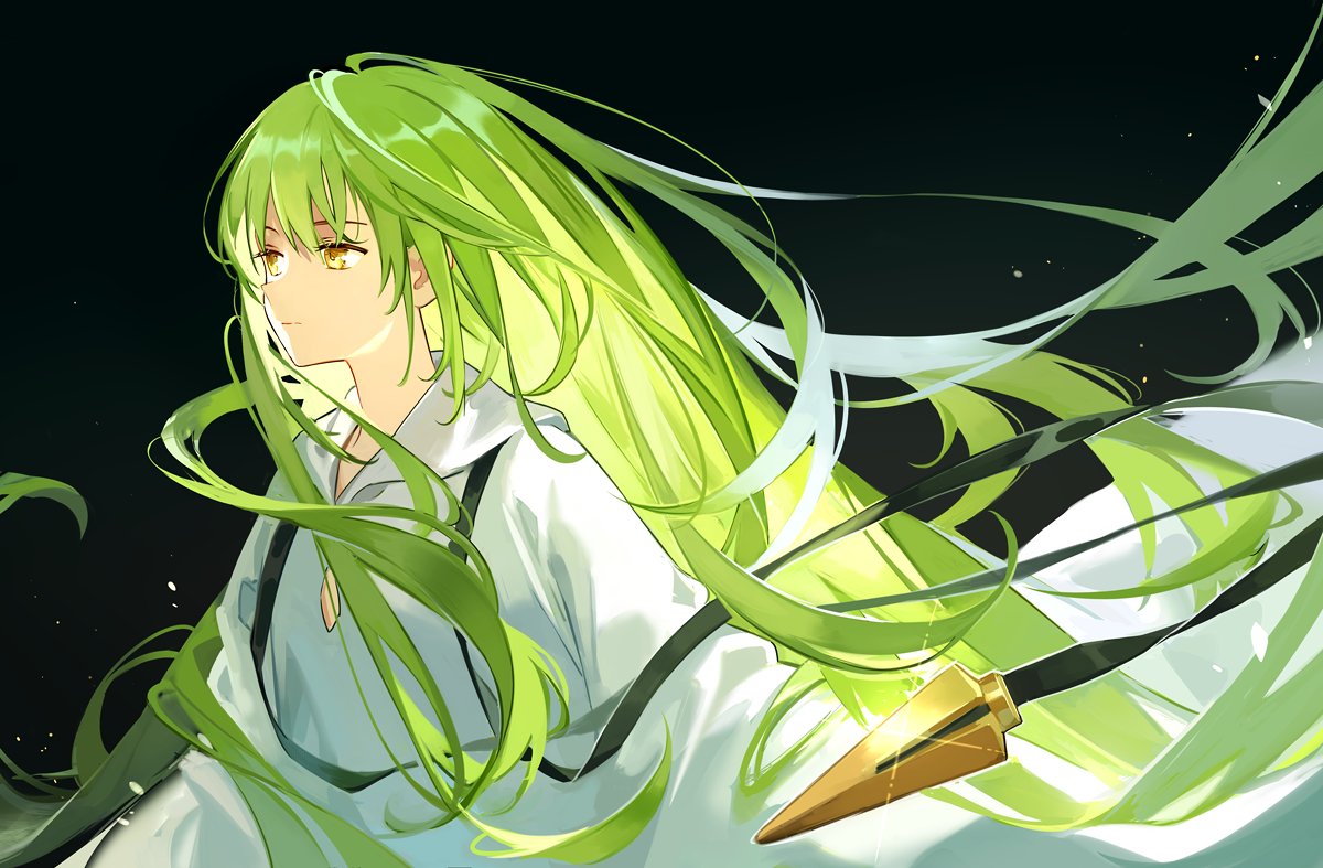 1other androgynous bangs black_background cleavage_cutout closed_mouth commentary_request dark_background dhiea enkidu_(fate/strange_fake) fate/strange_fake fate_(series) floating_hair from_side green_hair hair_between_eyes long_hair long_sleeves looking_to_the_side otoko_no_ko robe simple_background solo sparkle upper_body very_long_hair white_robe yellow_eyes