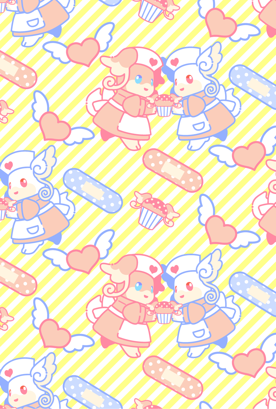 :d apron audino bandaid blue_eyes clothed_pokemon commentary_request creature cupcake dress ekm food gen_5_pokemon hat heart highres holding holding_food looking_at_viewer no_humans nurse_cap open_mouth pokemon pokemon_(creature) polka_dot polka_dot_background shiny_and_normal smile striped striped_background violet_eyes wings yellow_background