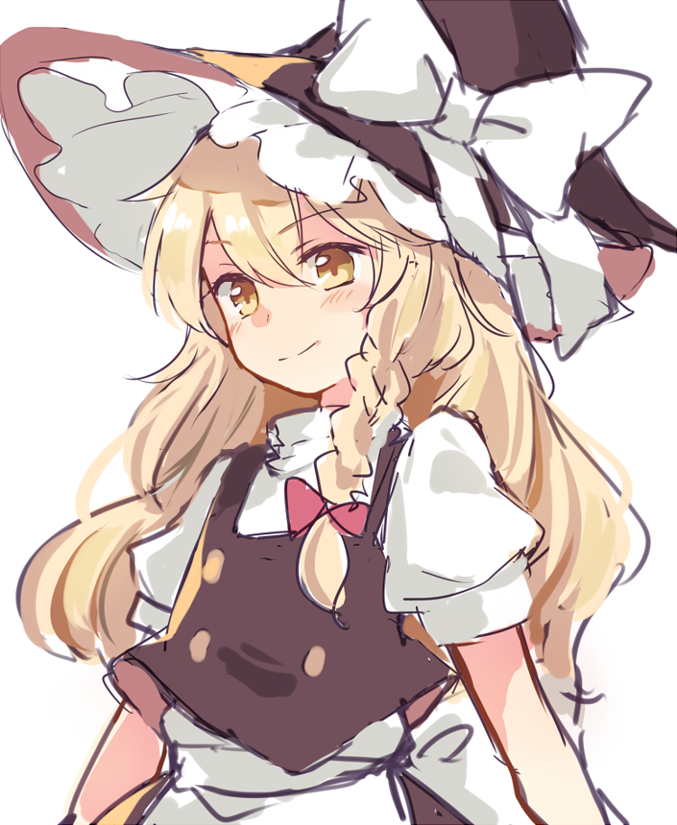 1girl bangs black_vest blonde_hair bow braid frilled_hat frills hair_bow hat hat_bow kirisame_marisa long_hair paragasu_(parags112) puffy_short_sleeves puffy_sleeves shirt short_sleeves simple_background solo touhou vest white_background white_bow white_shirt witch_hat yellow_eyes