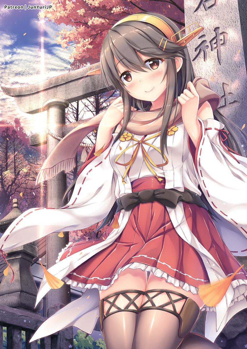 1girl bare_shoulders black_hair black_legwear blue_sky blush boots breasts brown_eyes clouds day detached_sleeves diffraction_spikes eyebrows_visible_through_hair hair_ornament hairband hairclip haruna_(kantai_collection) headgear highres japanese_clothes kantai_collection long_hair looking_at_viewer nontraditional_miko orange_hairband outdoors remodel_(kantai_collection) ribbon-trimmed_sleeves ribbon_trim scarf skirt sky smile solo thigh-highs thigh_boots torii tree yuriko