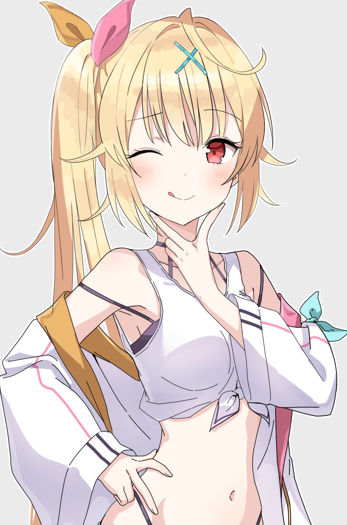 1girl ;q armpits bare_shoulders blonde_hair breasts closed_mouth crop_top front-tie_top grey_background h_(2de1flf8) hair_ornament hair_ribbon hand_on_hip highleg highres hoshikawa_sara jacket large_breasts long_hair looking_at_viewer midriff navel nijisanji off_shoulder one_eye_closed open_clothes open_jacket red_eyes ribbon shirt side_ponytail simple_background sleeveless sleeveless_shirt smile solo stomach tongue tongue_out upper_body v virtual_youtuber white_jacket white_shirt x_hair_ornament