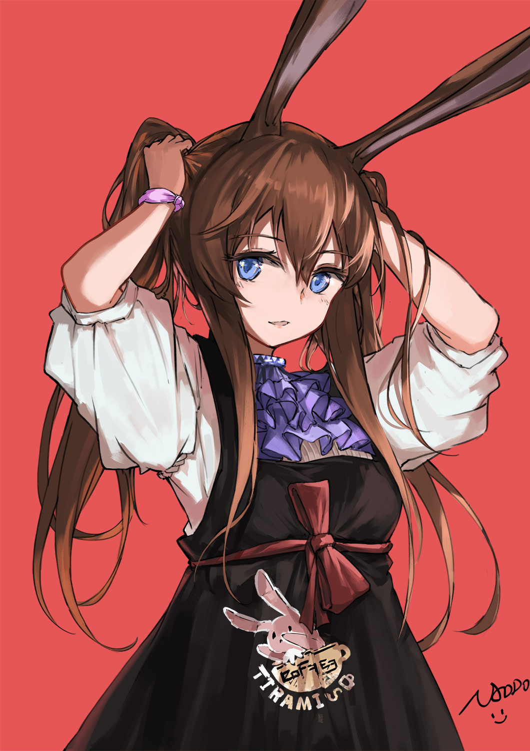 1girl amiya_(arknights) animal_ears apron arknights bangs black_apron blue_eyes brown_hair english_text eyes_visible_through_hair hairband hands_up highres long_hair long_sleeves omuretu_(butterroru) parted_lips pink_hairband ponytail purple_neckwear red_background signature simple_background smiley_face solo tying_hair upper_body