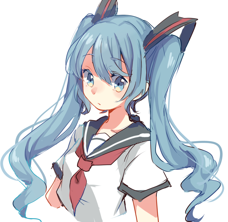 1girl aqua_eyes aqua_hair bangs commentary_request cropped_torso eyebrows_visible_through_hair hair_tie hatsune_miku long_hair neckerchief paragasu_(parags112) school_uniform serafuku shirt short_sleeves simple_background solo twintails vocaloid white_background white_shirt