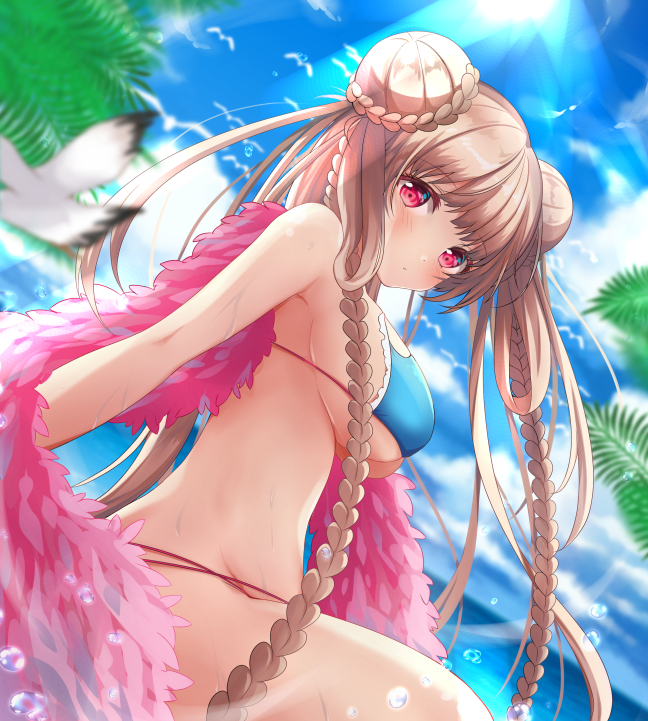 1girl azur_lane bangs bare_arms bare_shoulders bikini bird blue_bikini blue_sky blurry blush braid breasts brown_hair closed_mouth clouds day depth_of_field double_bun dutch_angle eyebrows_visible_through_hair formidable_(azur_lane) formidable_(the_lady_of_the_beach)_(azur_lane) from_side large_breasts light_rays long_hair looking_at_viewer looking_to_the_side ocean outdoors palm_tree red_eyes sakura_(ichisakupink) sitting sky solo sun sunbeam sunlight sweat swimsuit tree twin_braids under_boob very_long_hair