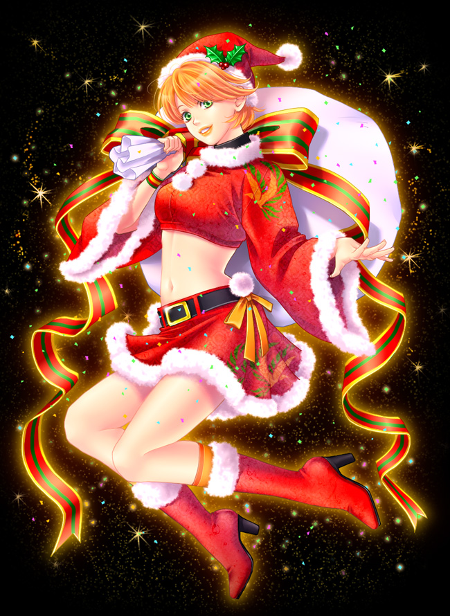 1girl boots christmas full_body fur-trimmed_boots fur-trimmed_headwear fur-trimmed_skirt fur-trimmed_sleeves fur_collar fur_trim green_eyes harukanaru_toki_no_naka_de harukanaru_toki_no_naka_de_2 hat high_heel_boots high_heels kiske looking_at_viewer midriff navel orange_hair pom_pom_(clothes) ribbon sack santa_boots santa_costume santa_hat short_hair skirt solo stomach takakura_karin