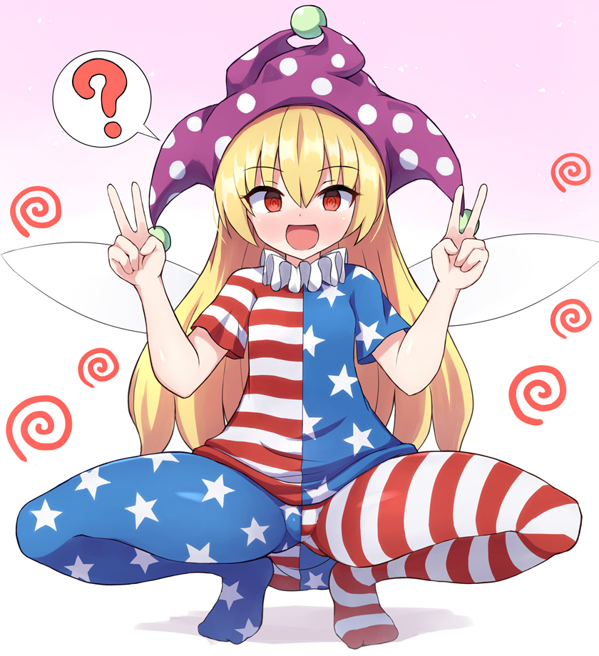 1girl ? american_flag_dress american_flag_legwear blonde_hair blush clownpiece double_v fairy_wings full_body gradient gradient_background hat jester_cap long_hair looking_at_viewer neck_ruff open_mouth pantyhose pink_background polka_dot purple_headwear red_eyes rizento short_sleeves smile solo spoken_question_mark squatting star star_print striped touhou v white_background wings