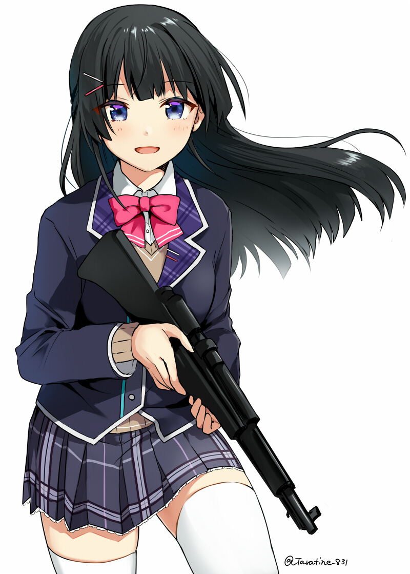 1girl black_hair black_jacket blazer blue_eyes blush bow bowtie commentary_request cowboy_shot eyebrows_visible_through_hair floating_hair gun hair_ornament hairclip holding holding_gun holding_weapon jacket long_hair long_sleeves looking_at_viewer miniskirt nijisanji open_mouth pink_bow pink_neckwear pleated_skirt skirt smile solo standing submachine_gun tarachine thigh-highs tsukino_mito twitter_username virtual_youtuber weapon white_legwear wing_collar