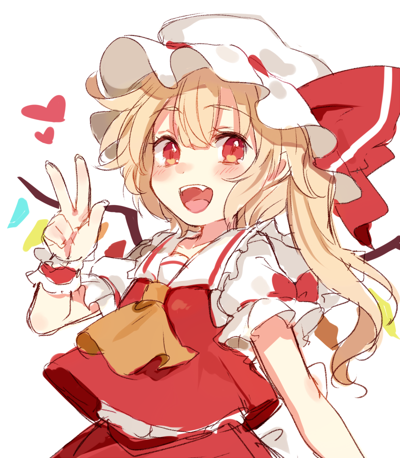 1girl bangs blonde_hair blush bow eyebrows_visible_through_hair flandre_scarlet frilled_sleeves frills hat hat_bow heart mob_cap open_mouth paragasu_(parags112) red_bow red_eyes red_shirt red_skirt shirt short_sleeves side_ponytail simple_background skirt skirt_set solo touhou upper_teeth w white_background wings