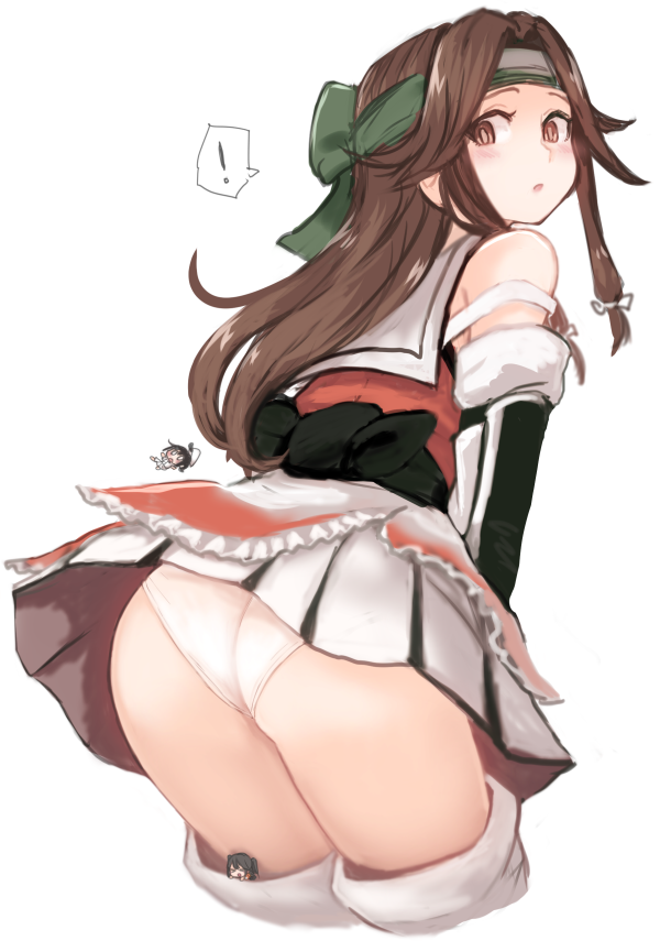 ! 3girls ass bare_shoulders blush brown_eyes brown_hair commentary_request cropped_legs detached_sleeves elbow_gloves fairy_(kantai_collection) female_admiral_(kantai_collection) forehead_protector gloves hair_intakes half_updo jintsuu_(kantai_collection) kantai_collection long_hair looking_at_another looking_back multiple_girls open_mouth panties pleated_skirt sendai_(kantai_collection) skirt speech_bubble spoken_exclamation_mark thigh-highs thighs underwear utopia white_background white_panties